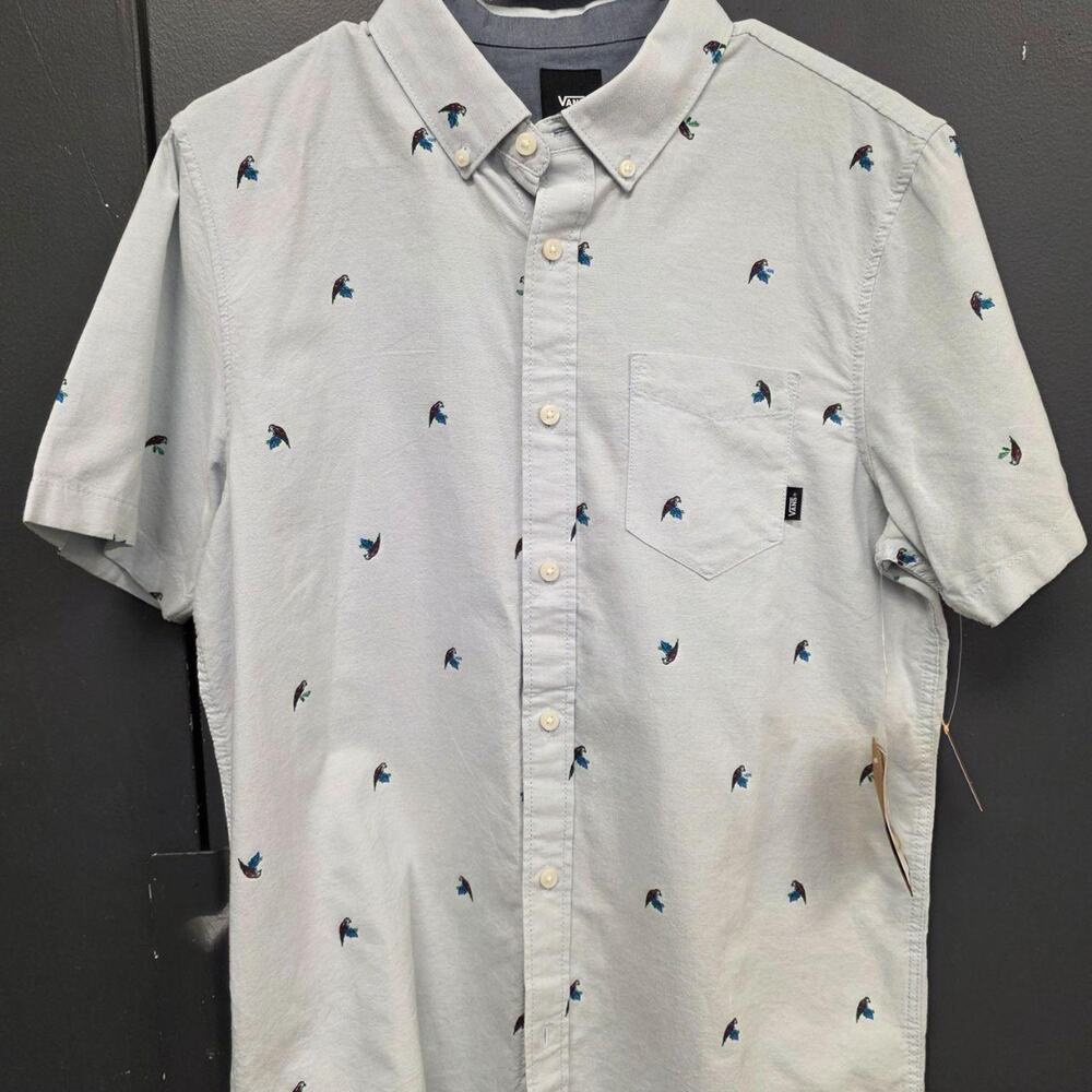 Vans Parrot Print Button-Up Shirt Classic Fit Light Blue Size Small